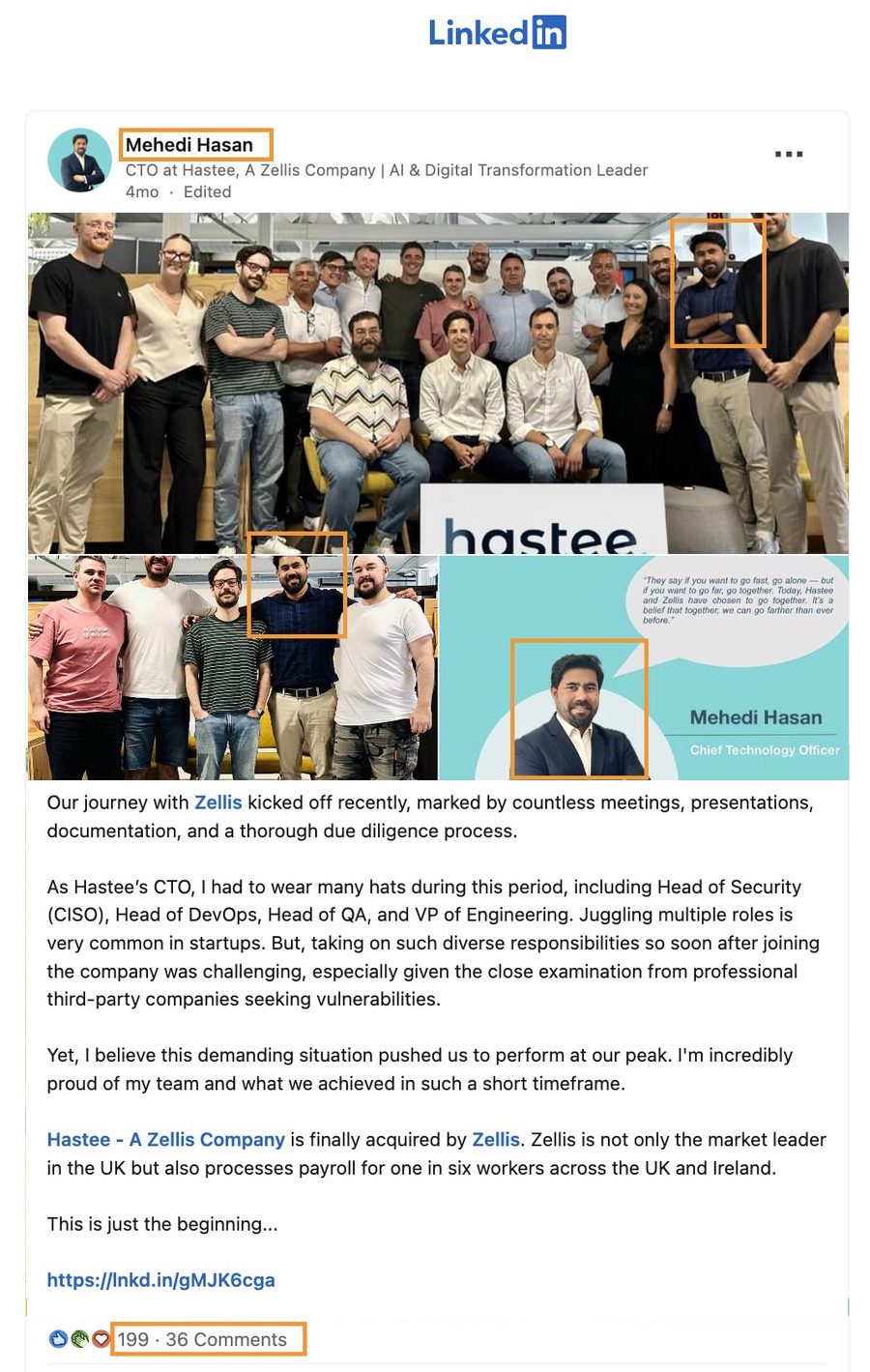 Mehedi Hasan CTO Hastee LinkedIn post announcing Zellis Group acquisition — 199 reactions 36 comments, June 2025