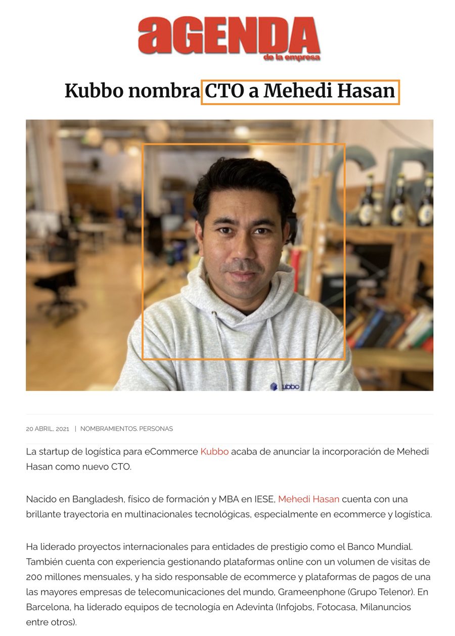 Agenda Empresa article — Kubbo nombra CTO a Mehedi Hasan, Spanish logistics startup CTO appointment, Barcelona April 2021
