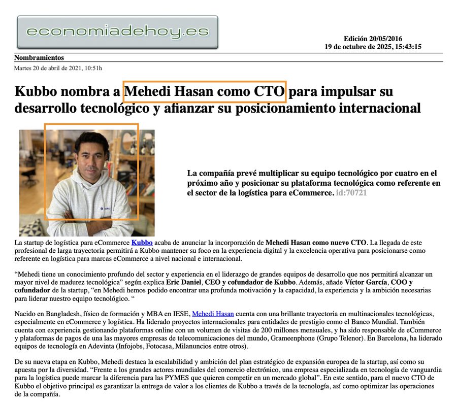 Economía de Hoy article — Kubbo nombra a Mehedi Hasan como CTO para impulsar desarrollo tecnológico e internacional, Spain April 2021