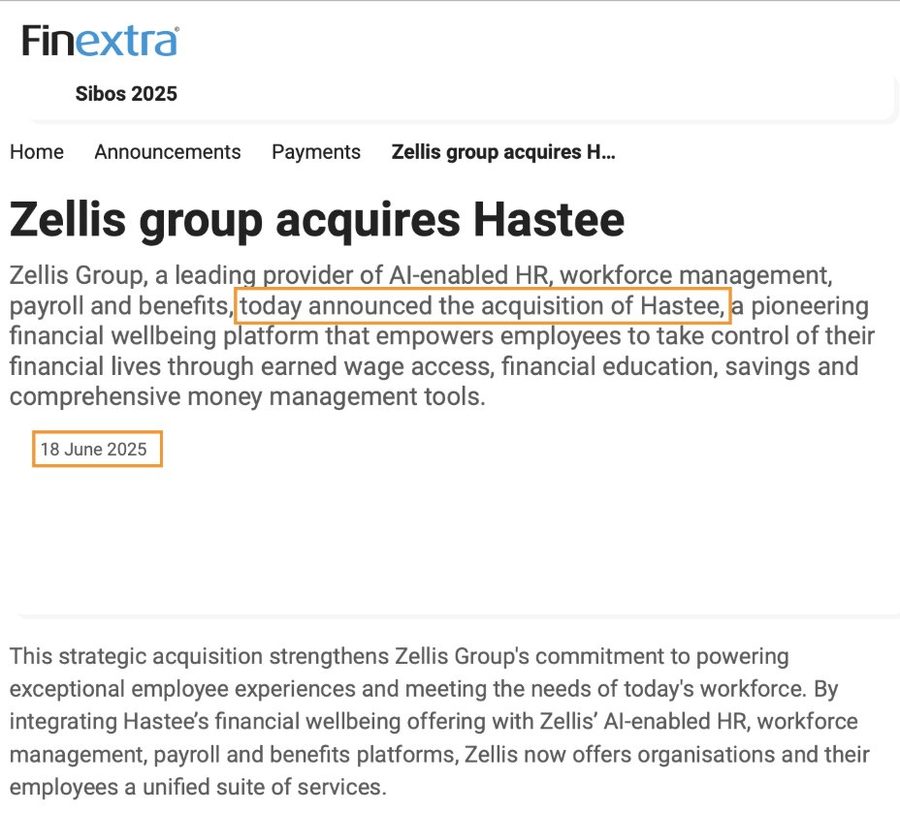 Finextra article headline: Zellis Group acquires Hastee, 18 June 2025