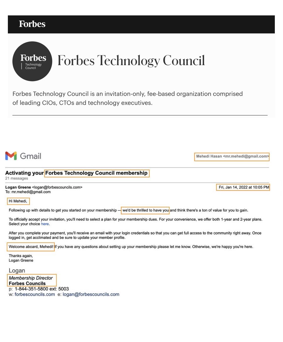 Invitation email from Forbes Technology Council to Mehedi Hasan, January 2022