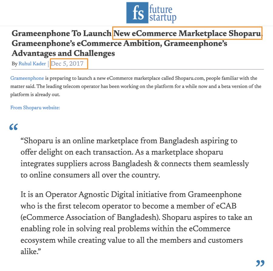 Future Startup article on Grameenphone launching the Shoparu eCommerce marketplace
