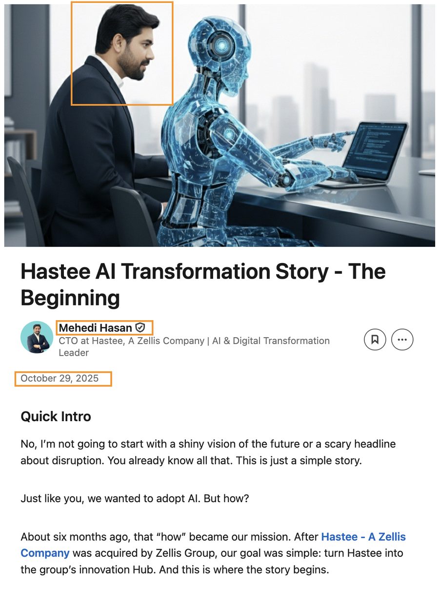 LinkedIn article by Mehedi Hasan titled Hastee AI Transformation Story: The Beginning
