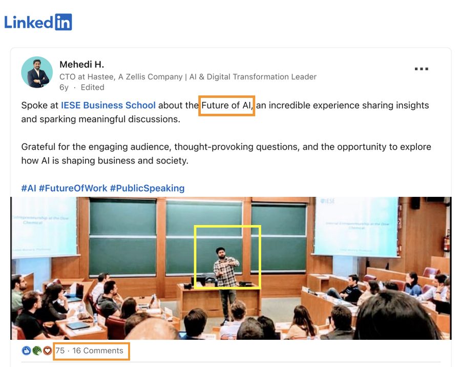 Mehedi Hasan speaking at IESE Business School Barcelona on AI and the Future of Work — invited guest speaker for Executive MBA audience, 2020