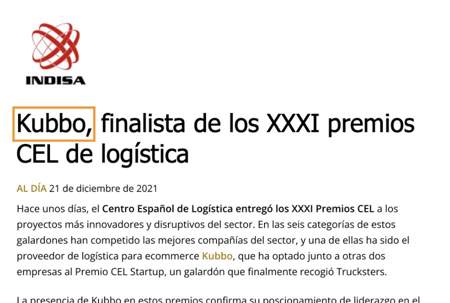 Indisa article — Kubbo led by CTO Mehedi Hasan named finalist at Spain 31st CEL Logistics Innovation Awards, December 2021