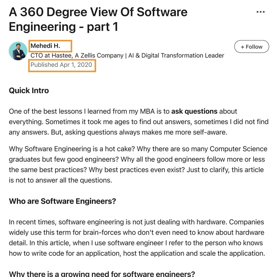 Mehedi Hasan LinkedIn article — A 360 Degree View of Software Engineering Part 1, CTO thought leadership publication, April 2020
