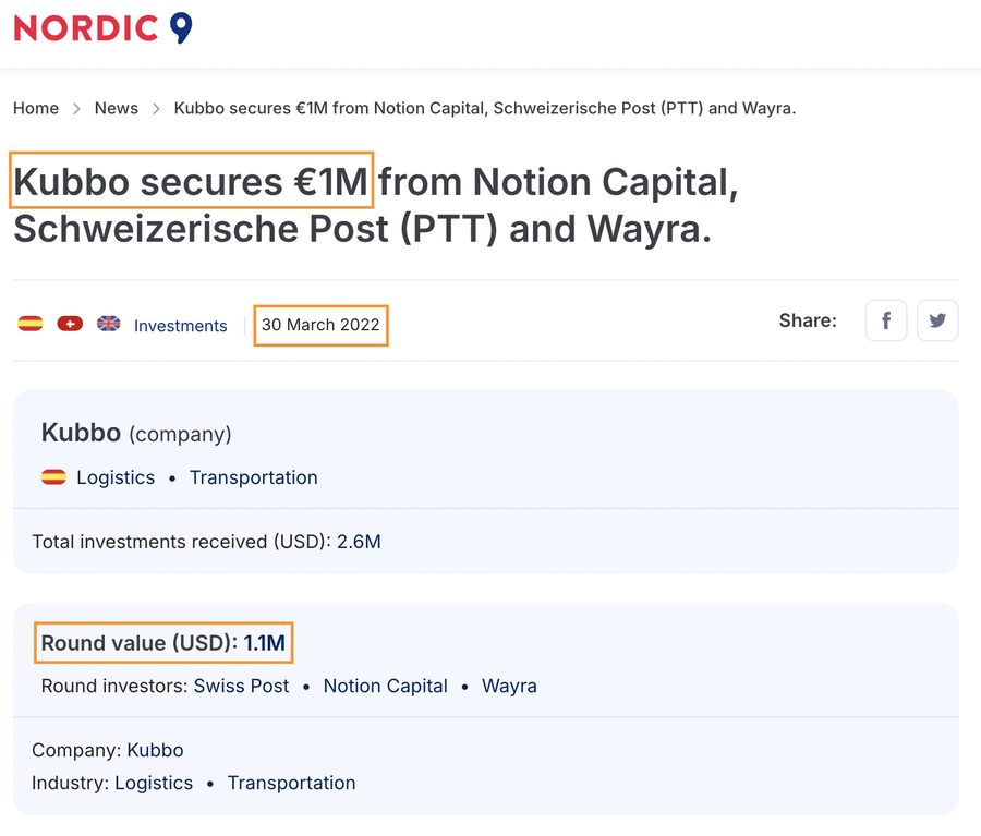 Nordic9 venture intelligence — Kubbo secures €1M from Notion Capital Swiss Post Wayra under CTO Mehedi Hasan, Barcelona March 2022