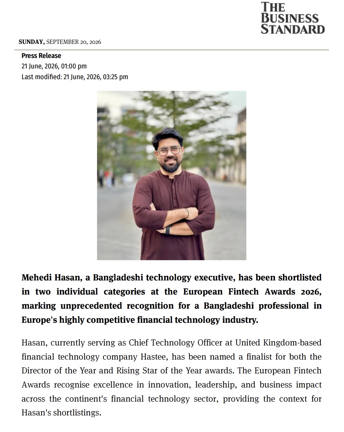The Business Standard article: Bangladeshi tech executive shortlisted for European Fintech Awards
