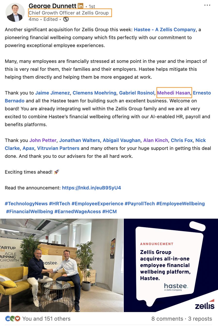 LinkedIn post by Zellis Group Chief Growth Officer George Dunnett announcing the Hastee acquisition and thanking Mehedi Hasan